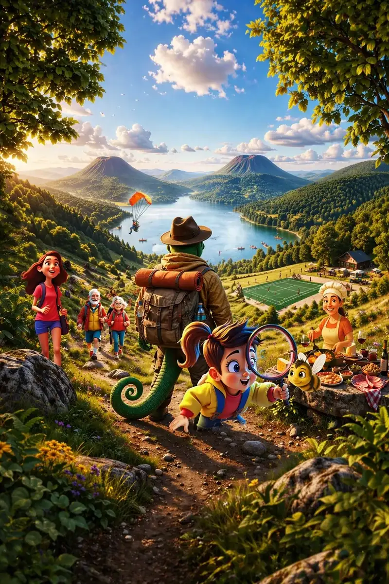 ON FAIT QUOI ? Le journal de vos activités dans le Puy-de-Dôme — illustration mobile avec personnages, activités et Puy de Dôme