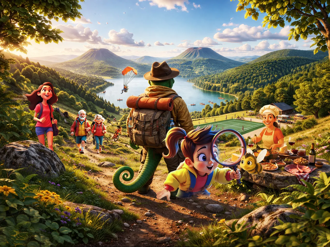 ON FAIT QUOI ? Le journal de vos activités dans le Puy-de-Dôme — illustration colorée avec personnages, activités sportives, gastronomie et le Puy de Dôme